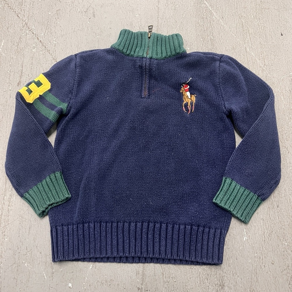 Polo Ralph Lauren Kids Big Pony Half Zip Sweater Navy Blue And‎ Green Size 6